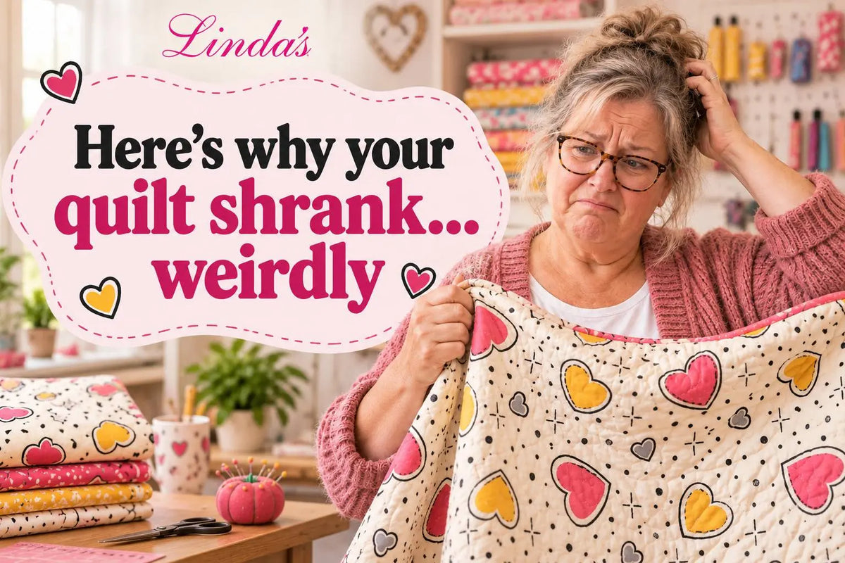 Quilter in glasses and a pink cardigan holding up a freshly washed cream quilt patterned with pink, yellow, and gray hearts in a bright sewing room