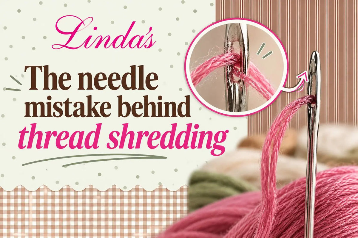 A close-up editorial graphic shows a shiny vertical metal needle threaded with fraying pink yarn at right, with a circular magnified inset outlined in...
