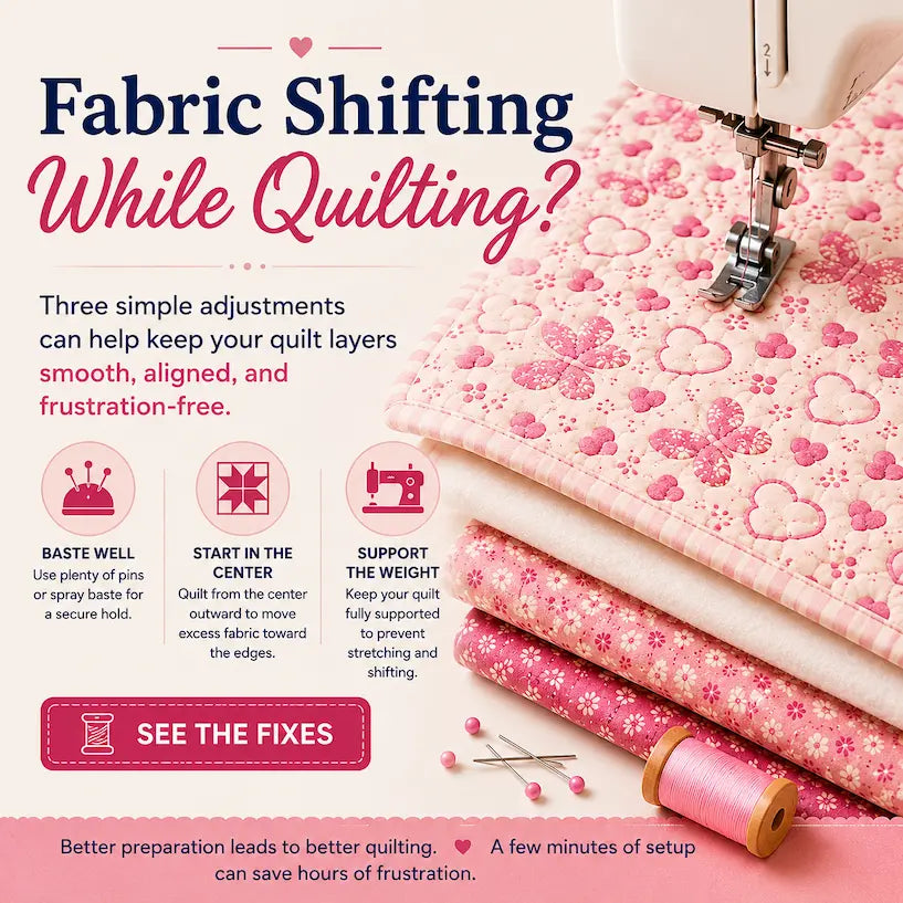 Fabric Shifting While Quilting? Try These Simple Fixes – Morning with Corey tip graphic: setup adjustments for smoother quilting