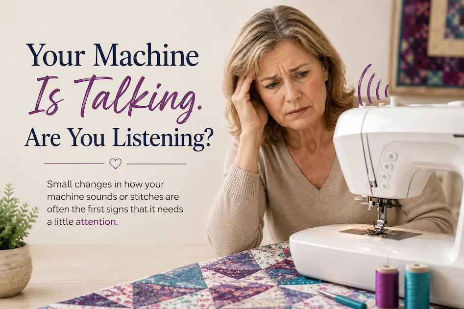 Is Your Machine Trying to Tell You Something? – Morning with Corey tip graphic: what strange noises, skipped stitches, and tension issues mean