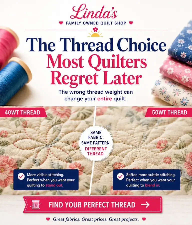 The Thread Choice Most Quilters Regret Later – Morning with Corey tip graphic: why thread quality matters as much as fabric and pattern