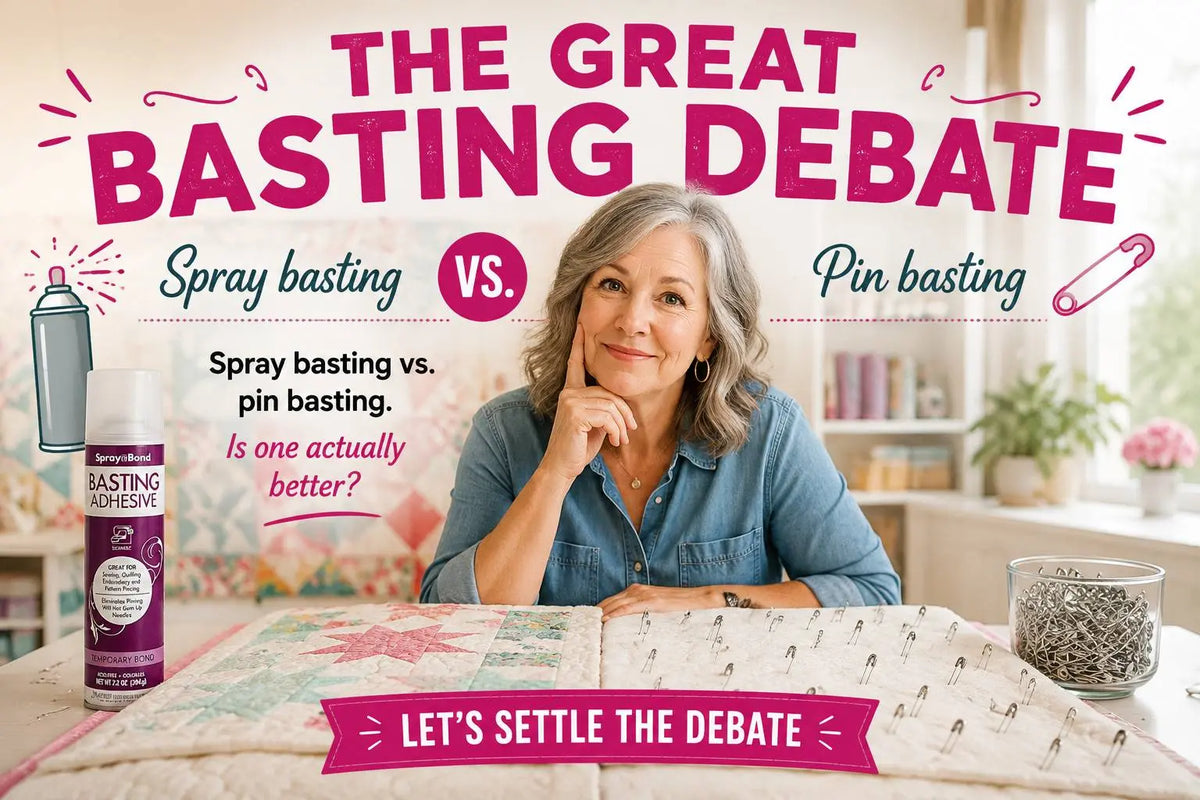The Great Basting Debate: a gray-haired quilter in a denim shirt seated at a table with a quilt in front of her, comparing spray basting and pin basting