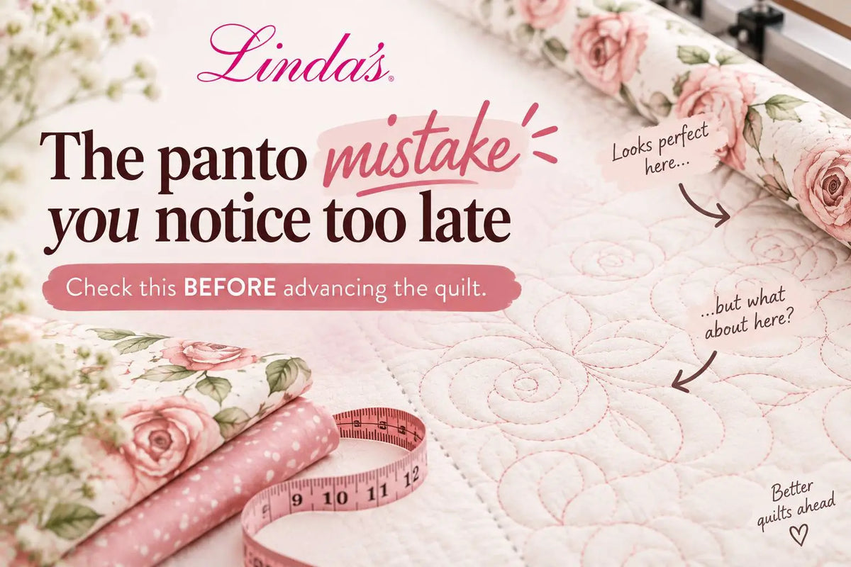 Linda's Morning with Corey graphic reading The Panto Mistake You Notice Too Late, a longarm pantograph alignment tip for quilters