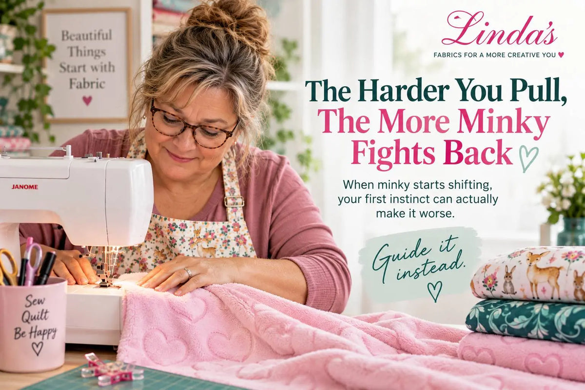 Quilter in glasses, a pink top and a floral apron sewing pink heart-textured minky fabric on a white Janome sewing machine, hands guiding the fabric rather than pulling it