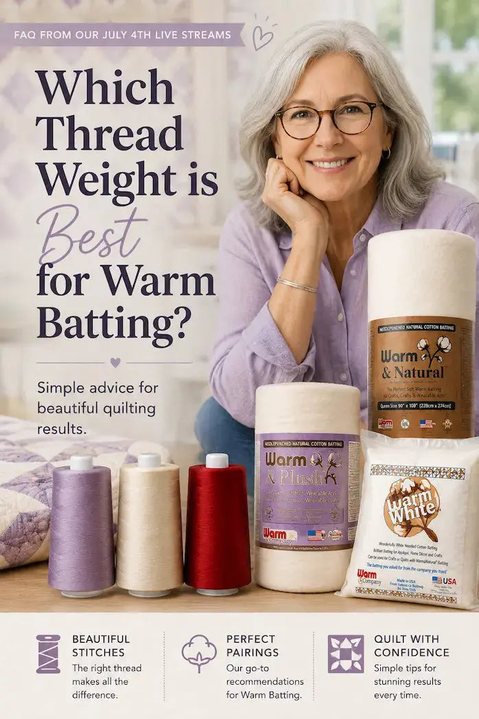 The Best Thread Weight for Warm Batting – Morning with Corey tip graphic: our recommended thread weight for quilting with Warm batting