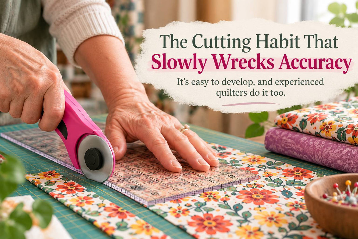 Wide close-up of hands using a bright pink rotary cutter on floral fabric over a gridded cutting mat, with folded patterned fabrics and a bowl of pins...