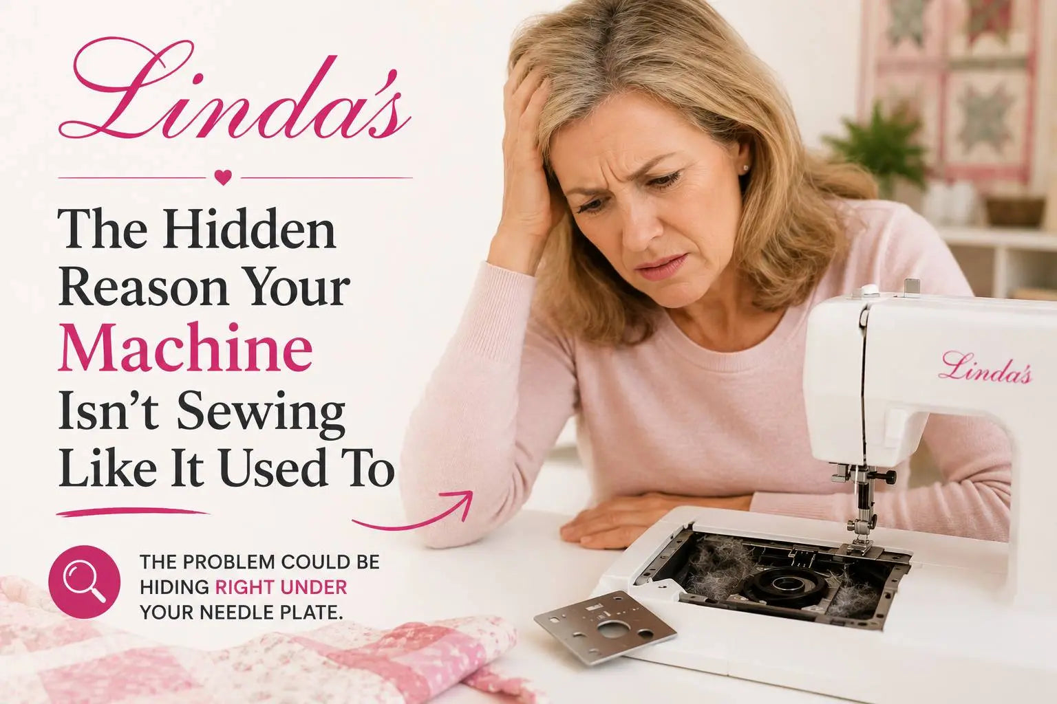 The hidden reason your machine isn't sewing like it used to — a quilter looks with concern at her sewing machine, Morning with Corey at Linda's Quilt Shop