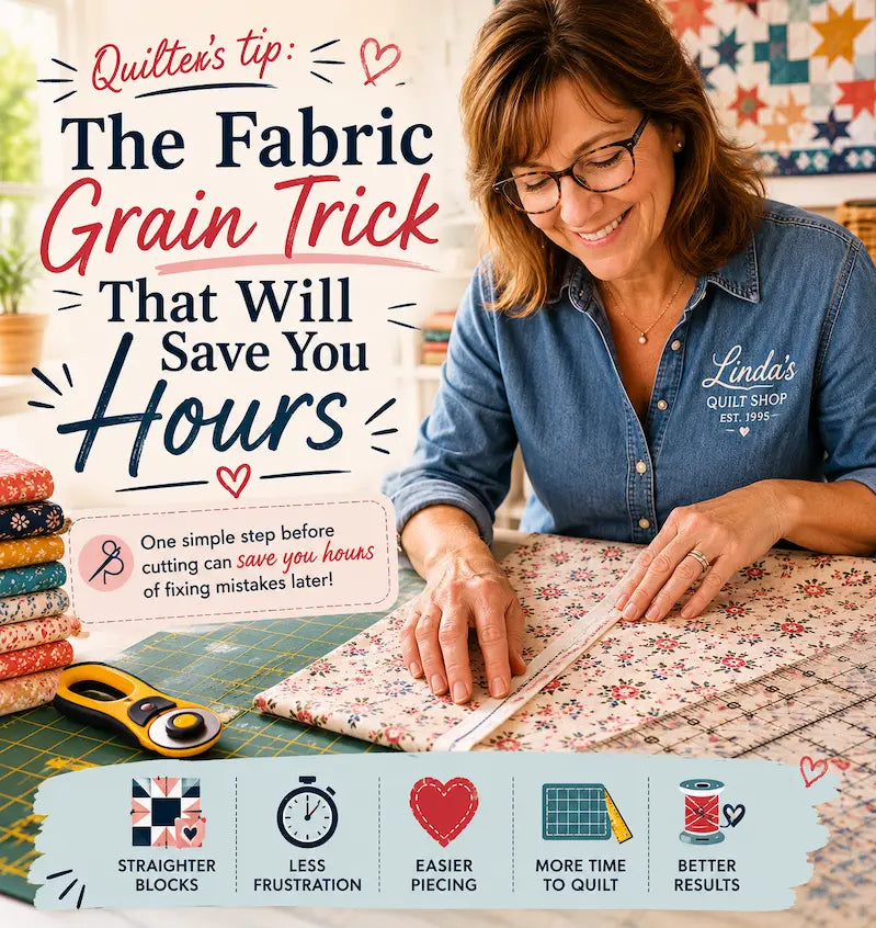The Fabric Grain Trick That Will Save You Hours – Morning with Corey tip graphic: the one grain check to do before cutting