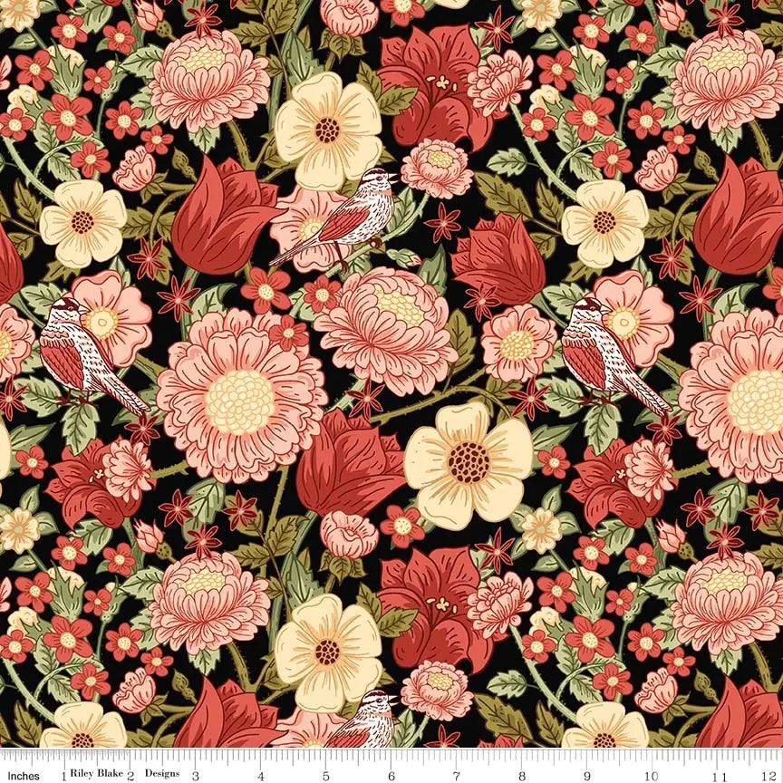 Riley Blake Tangled Garden Main print in black, dramatic floral quilting cotton at Linda's Electric Quilters