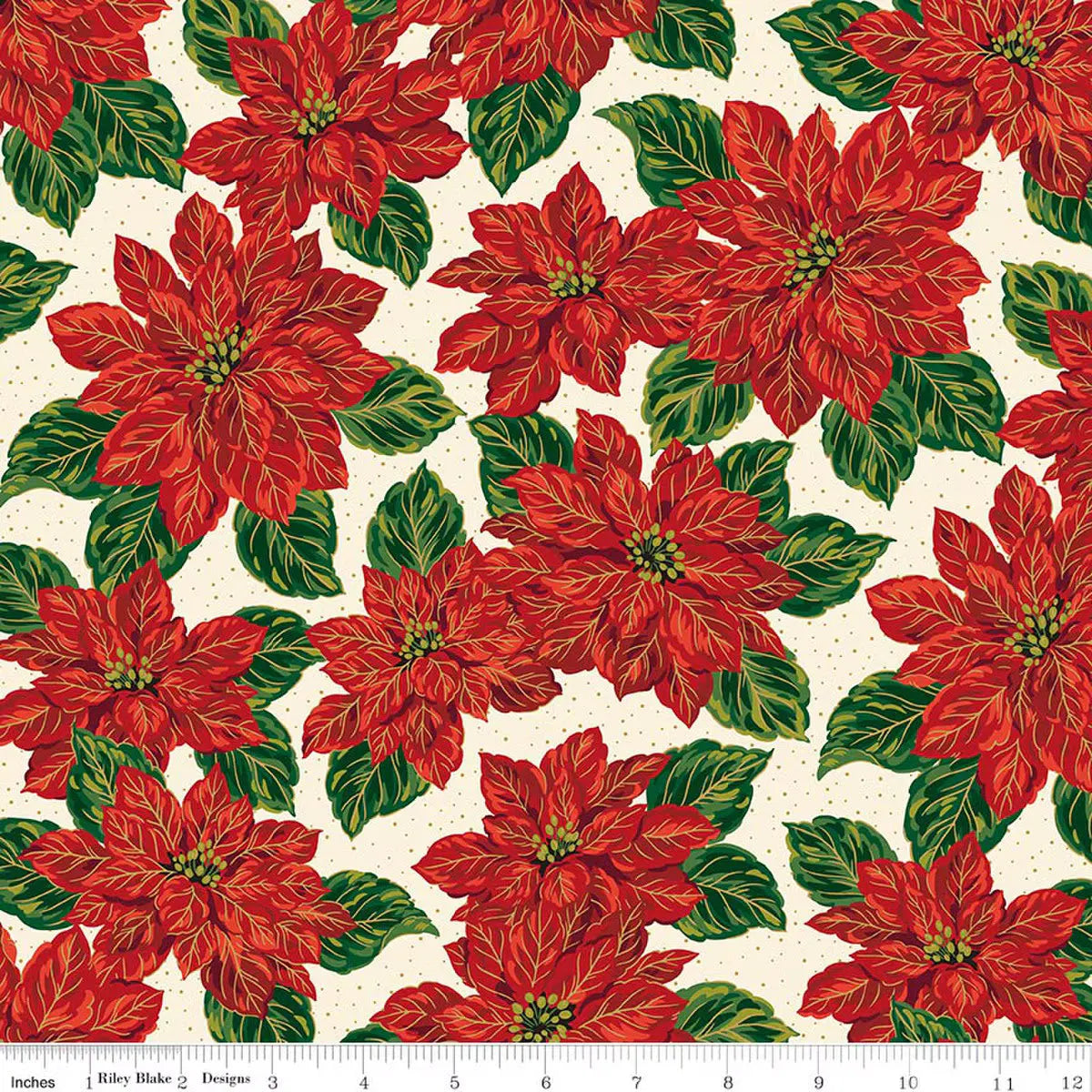 Riley Blake Poinsettias at Christmas main print in cream with gold foil, Christmas quilting cotton at Linda's Electric Quilters