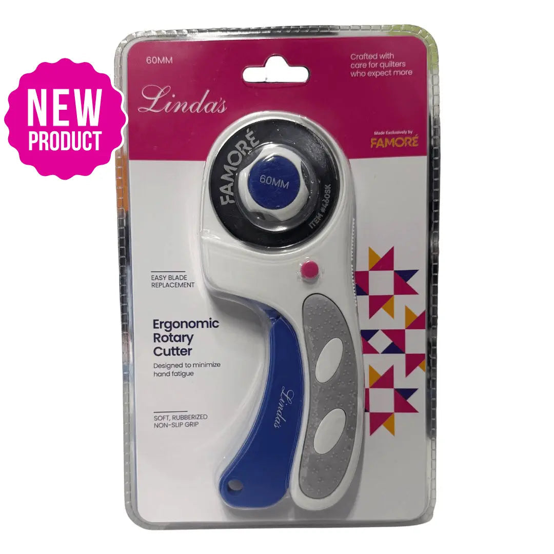 Linda's 60mm Ergonomic Rotary Cutter by Famore large blade for thick fabric layers batting