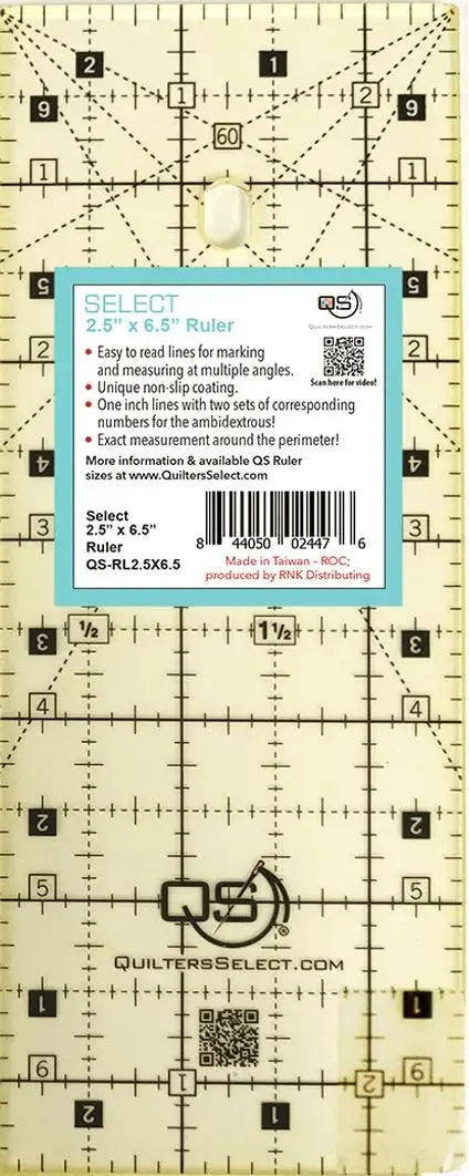 Quilters Select 2.5 x 6.5 inch Non-Slip Ruler compact strip ruler jelly roll precision small cuts