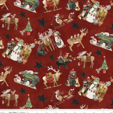 Riley Blake Northern Christmas main print in red, woodland Christmas quilting cotton at Linda's Electric Quilters