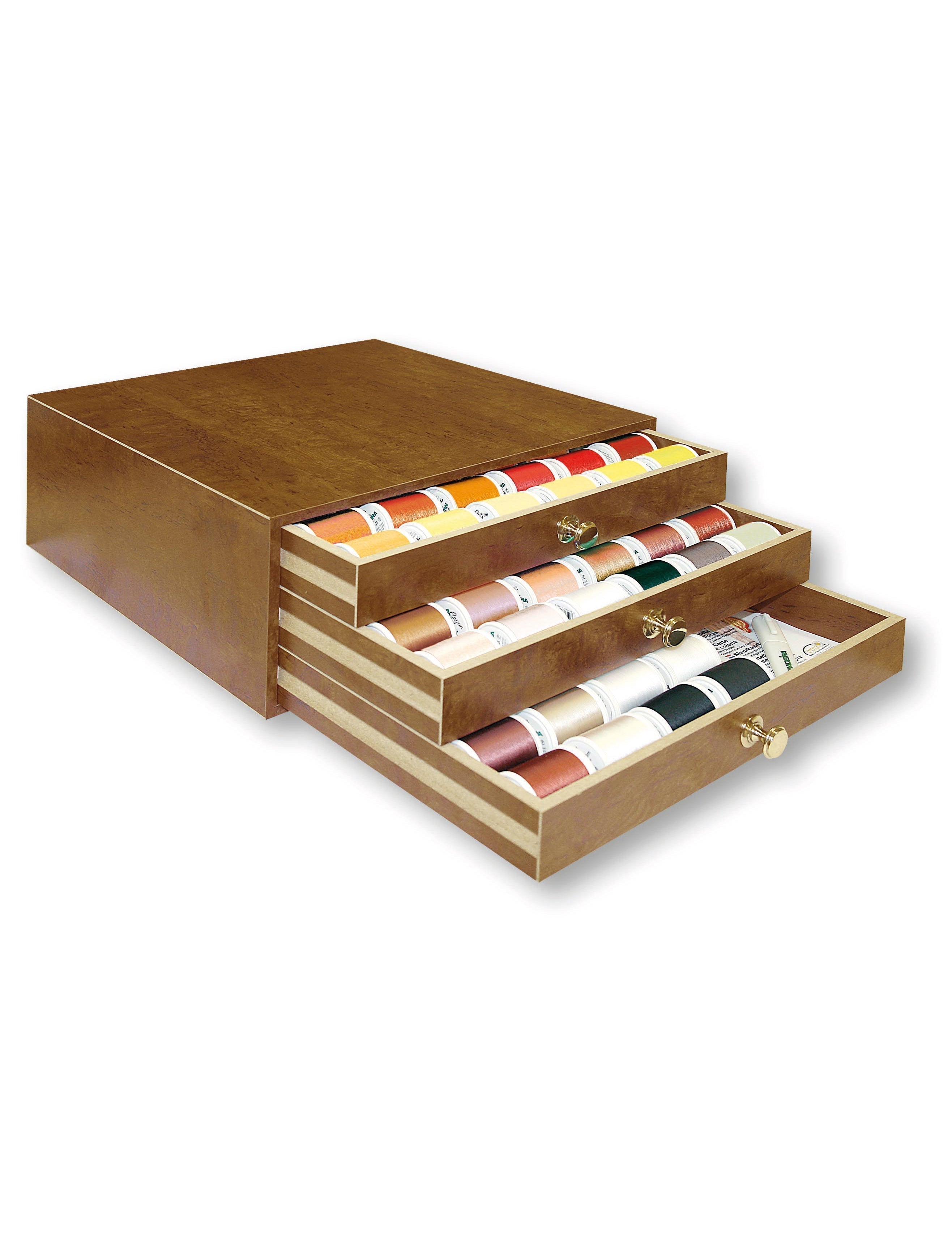 Madeira Sensa Green 40 three drawer treasure chest with 120 spools of recycled polyester quilting thread at Linda's Electric Quilters