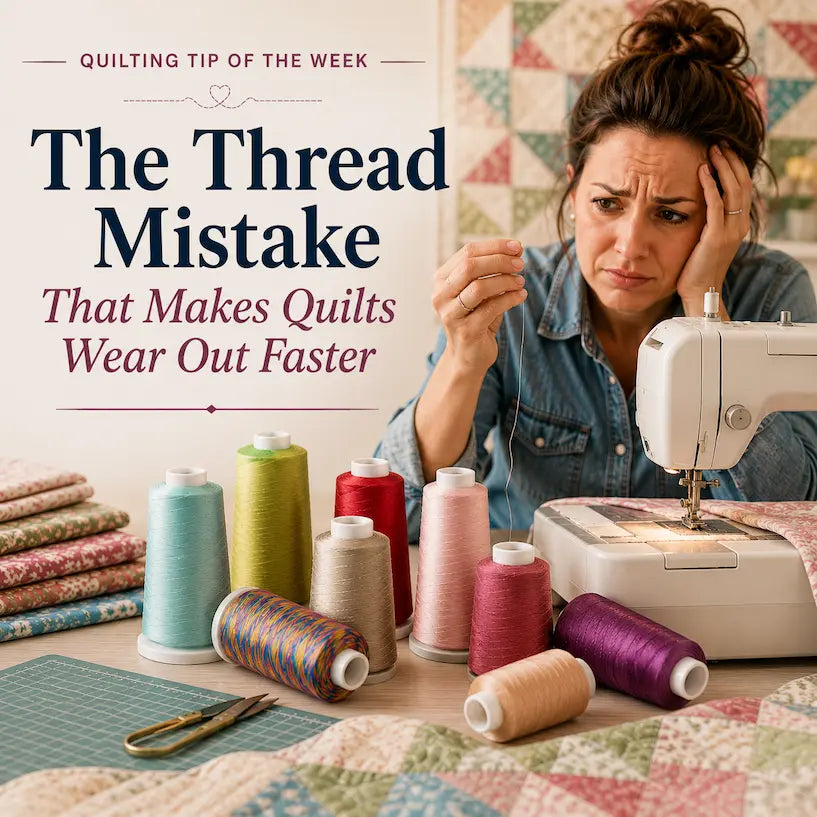 The Thread Mistake That Makes Quilts Wear Out Faster – Morning with Corey tip graphic: choosing thread so quilts become heirlooms, not repairs