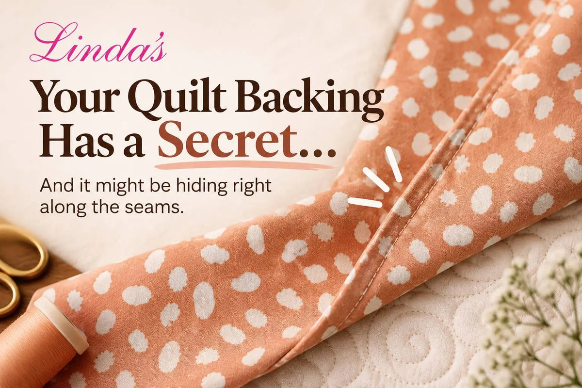 Close-up of a peach polka dot quilt backing folded over cream quilted fabric, with a pressed backing seam running along the fold