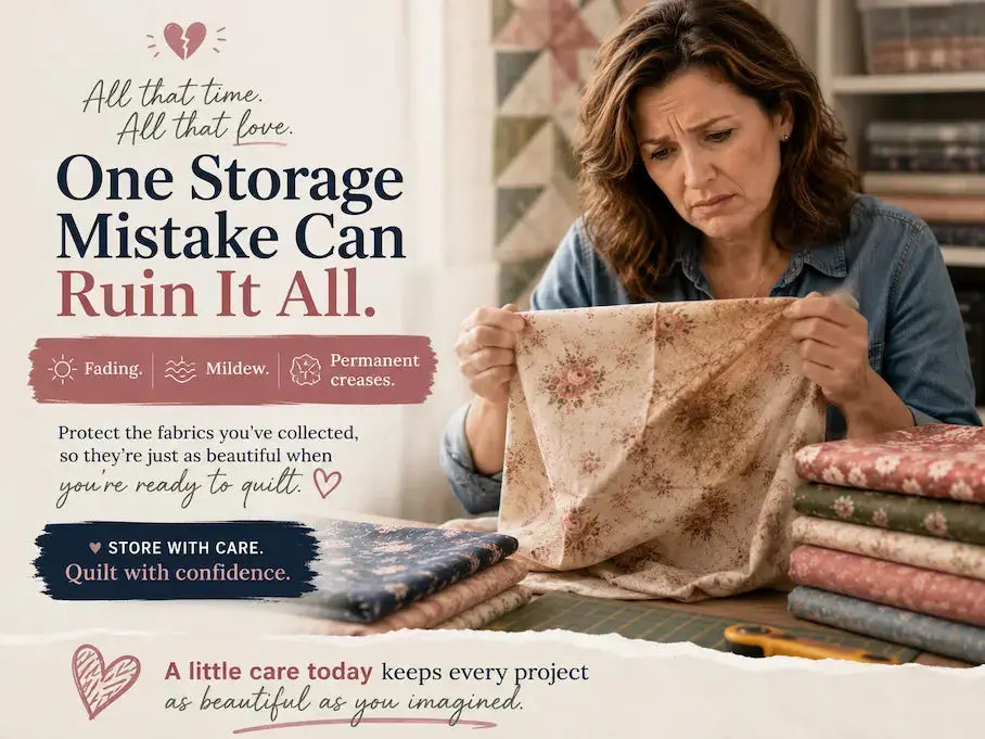 The Fabric Storage Mistake That Ruins Beautiful Quilts – Morning with Corey tip graphic: how improper fabric storage damages quilts
