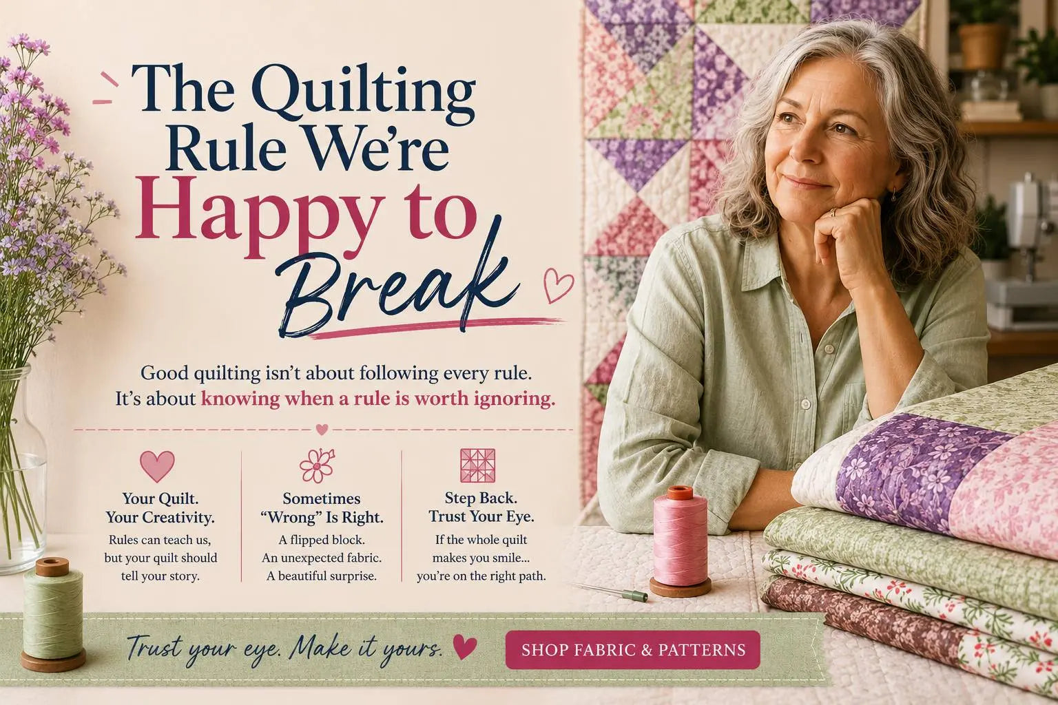 The Quilting Rule We're Happy to Break — a quilter at a table with stacks of colorful quilts and spools of thread, Morning with Corey at Linda's Quilt Shop