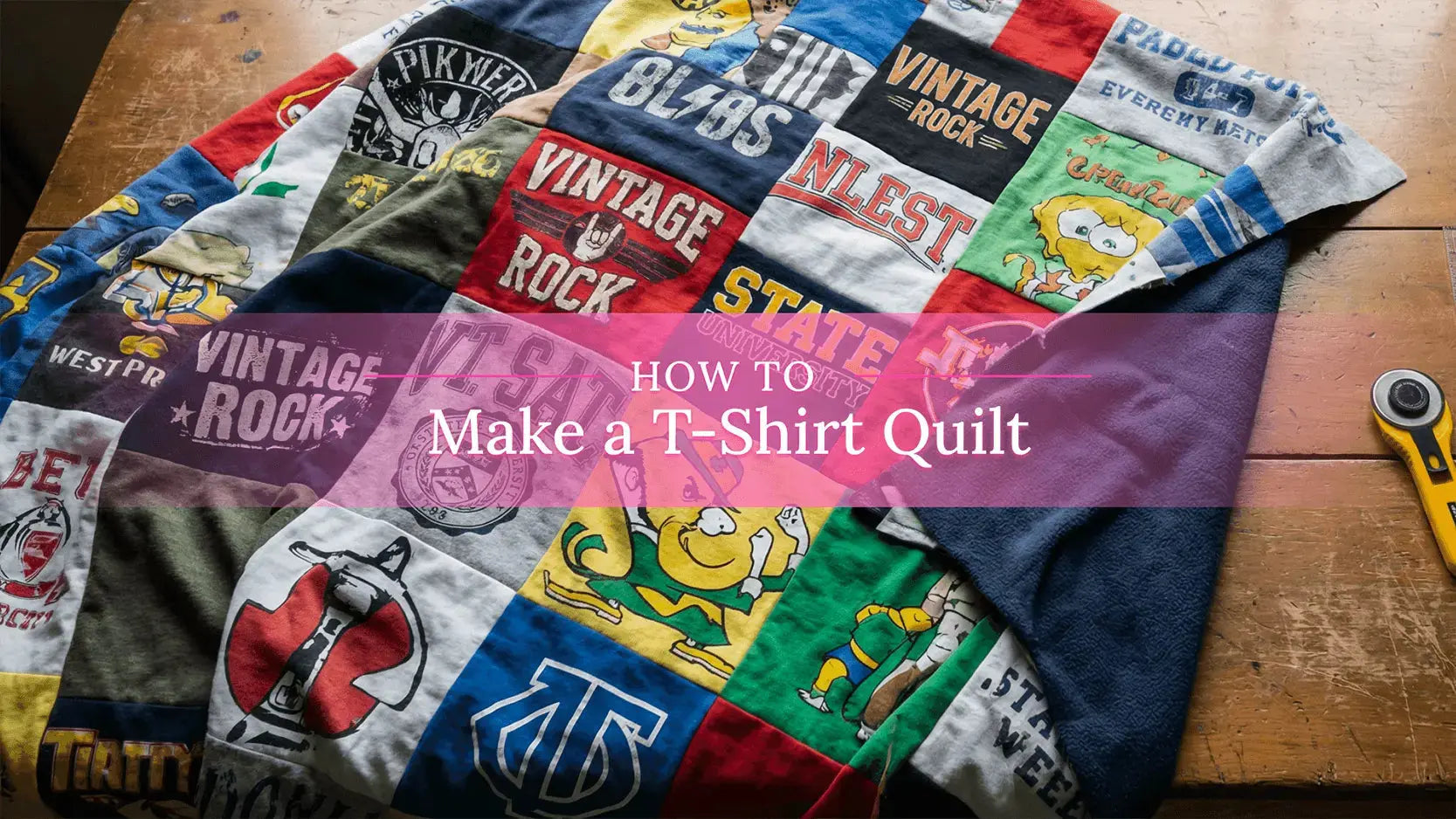Colorful DIY T-shirt quilt made from graphic shirts arranged in patchwork blocks