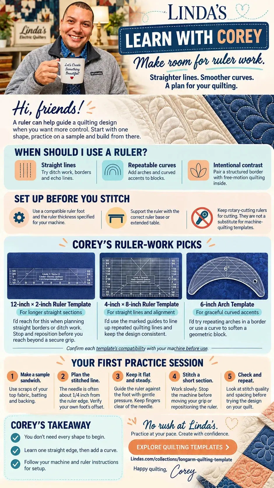 Learn with Corey: make room for ruler work. When to use a quilting ruler, setup before you stitch, Corey's three template picks and a five-step first practice session