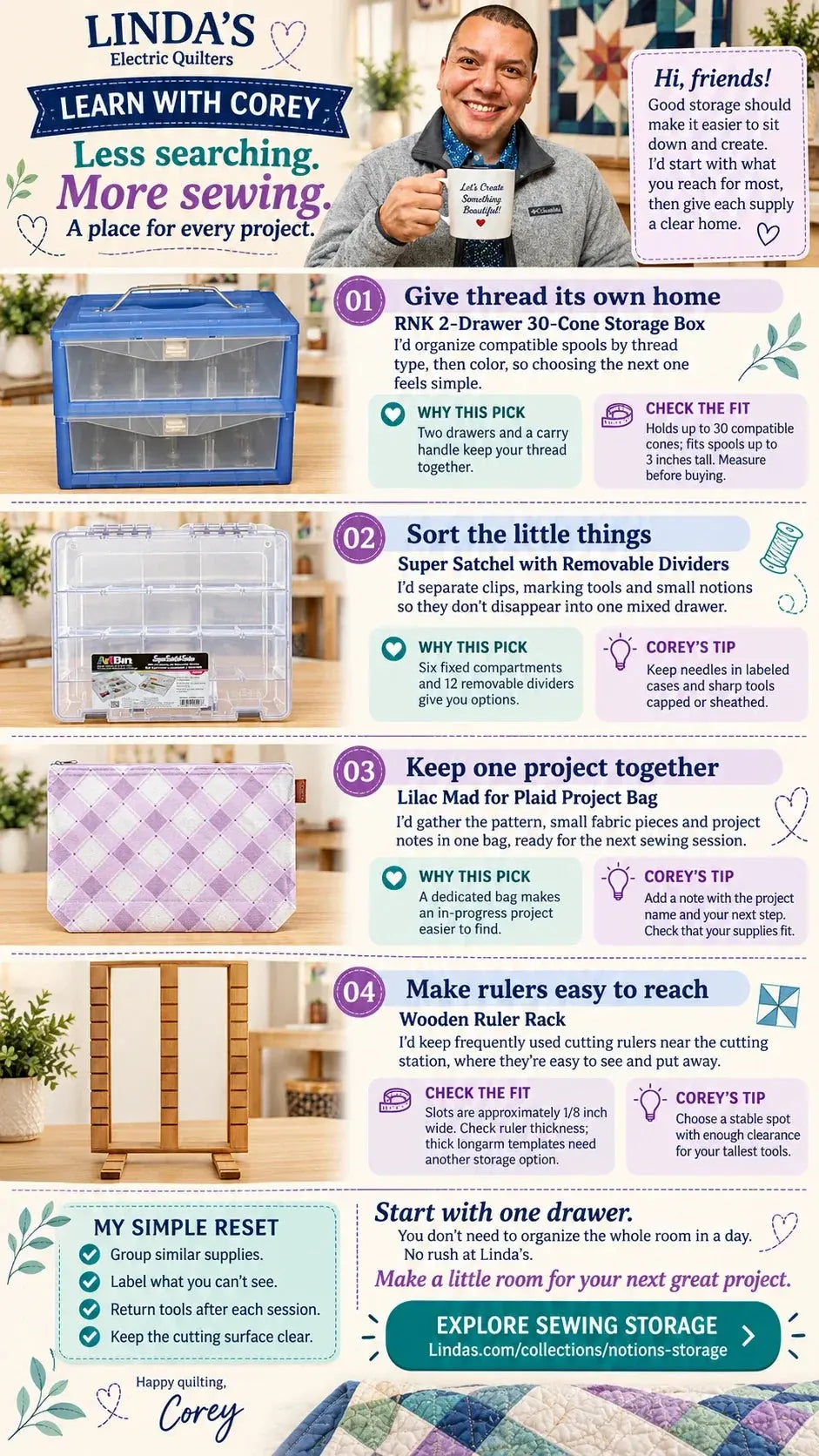 Learn with Corey: less searching, more sewing. Four sewing room storage picks including a 30-cone thread storage box, Super Satchel with dividers, Mad for Plaid project bag and wooden ruler rack