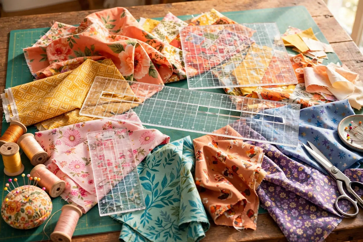 Clear acrylic quilting rulers arranged on colorful fabric at a cutting table