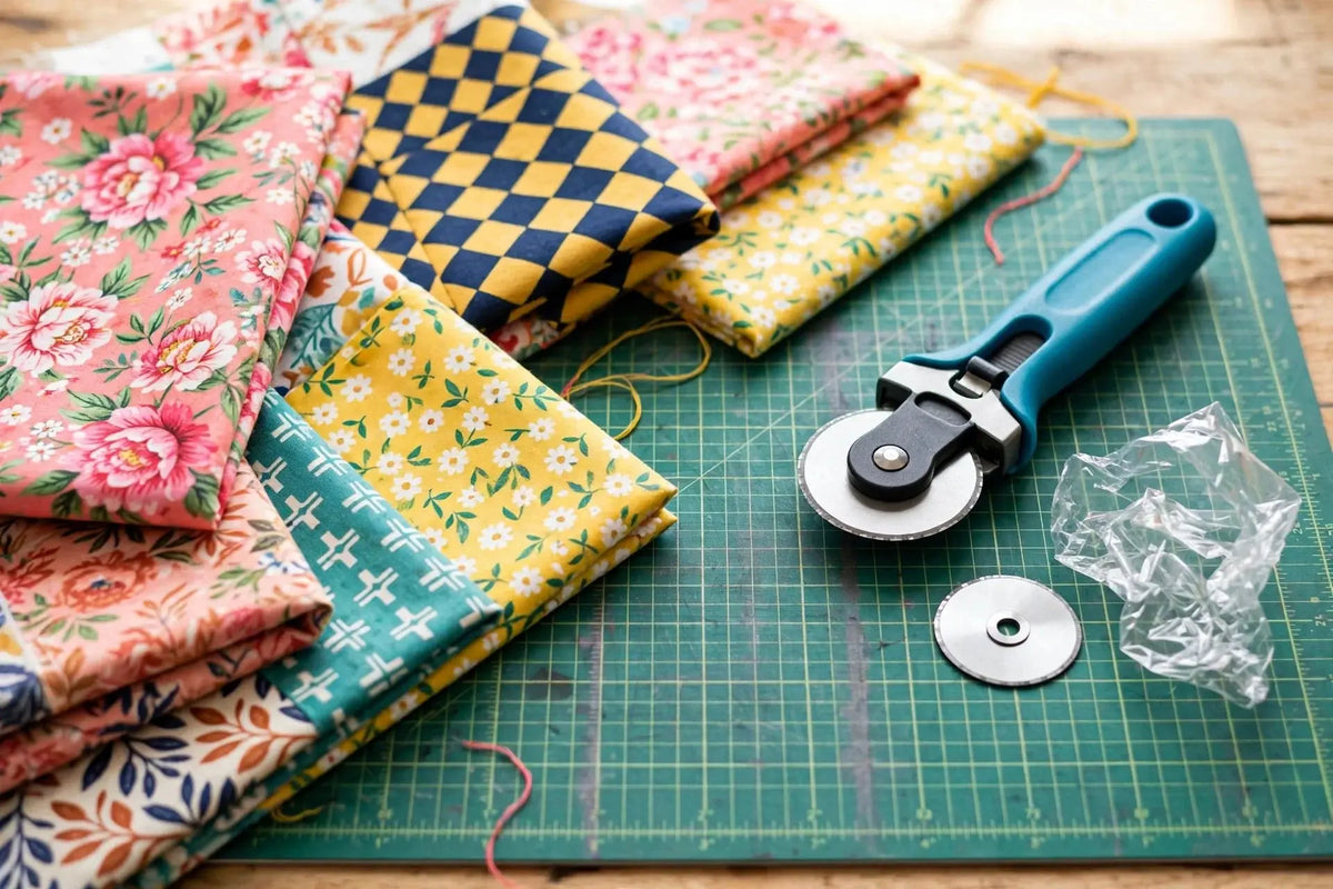 Rotary cutter and fresh blade beside colorful quilting fabric on a cutting mat
