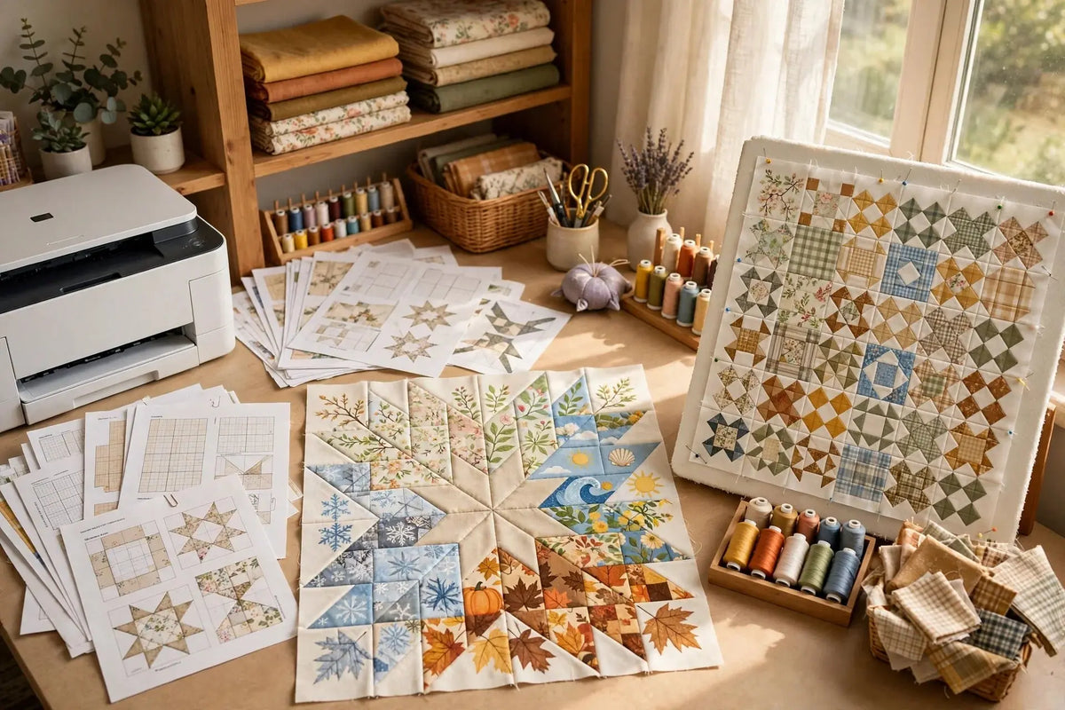 Printed quilt patterns by a printer, a star block for every season, and a neatly organized sampler quilt