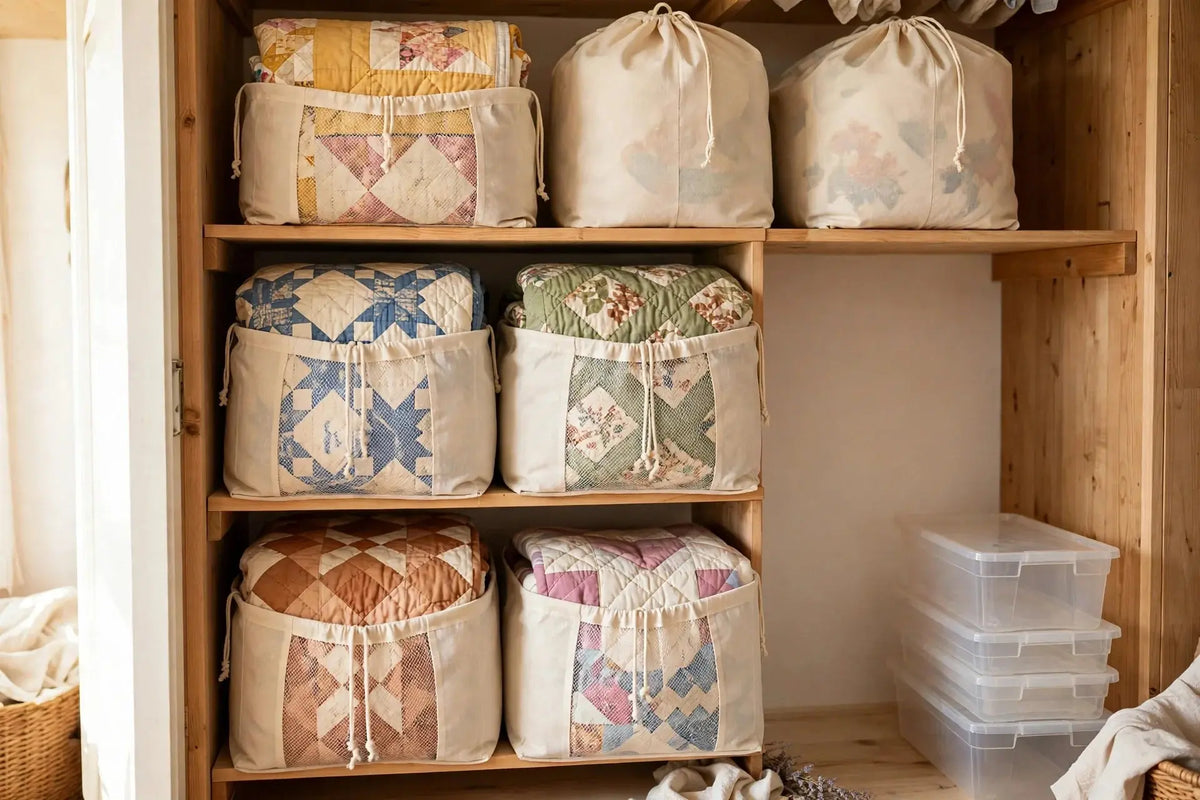 Folded quilts stored in breathable cotton bags on wooden shelves instead of plastic bins