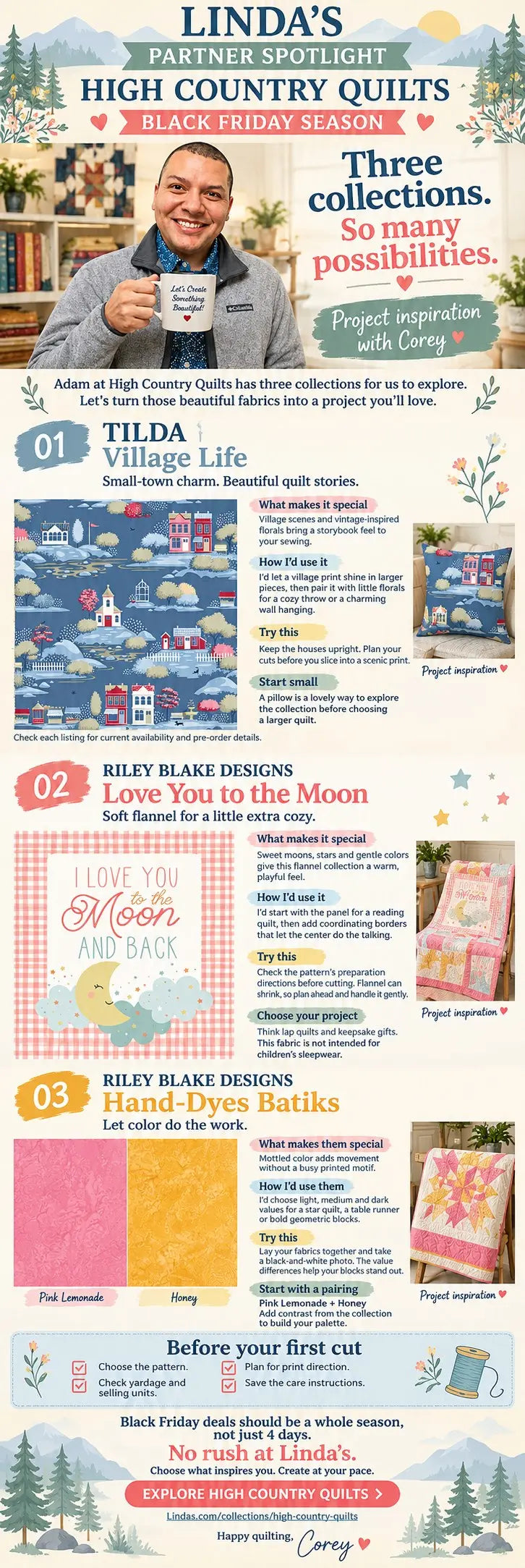 Linda's Partner Spotlight infographic for High Country Quilts featuring Tilda Village Life, Riley Blake Love You to the Moon flannel, and Riley Blake Hand-Dyes batiks