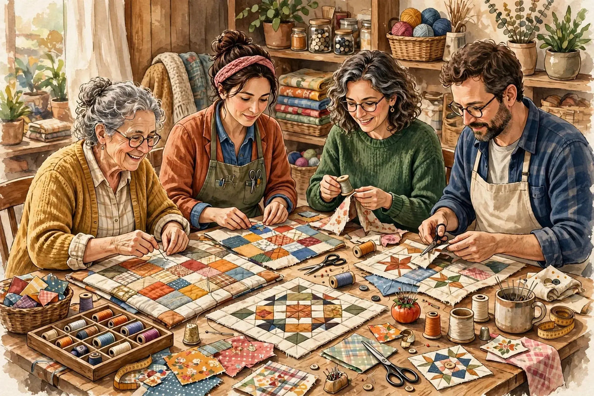 Illustration of quilters, sewists and embroiderers chatting around a table of quilt blocks, fabric and thread
