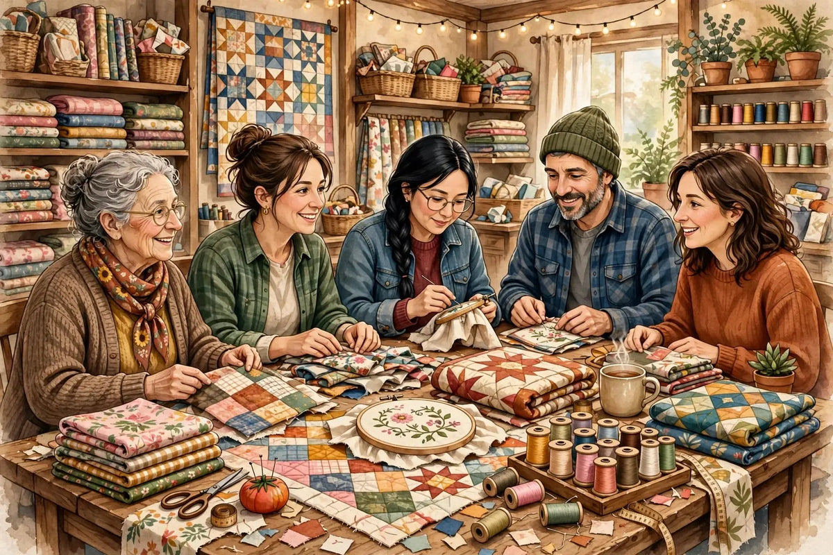 Illustration of quilters, sewists and embroiderers chatting around a table of quilt blocks, fabric and thread