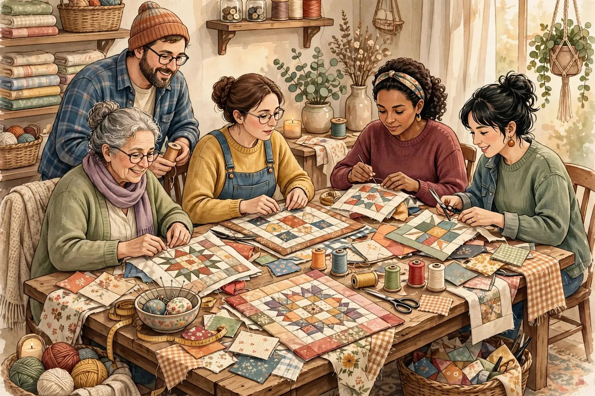 Illustration of quilters, sewists and embroiderers chatting around a table of quilt blocks, fabric and thread