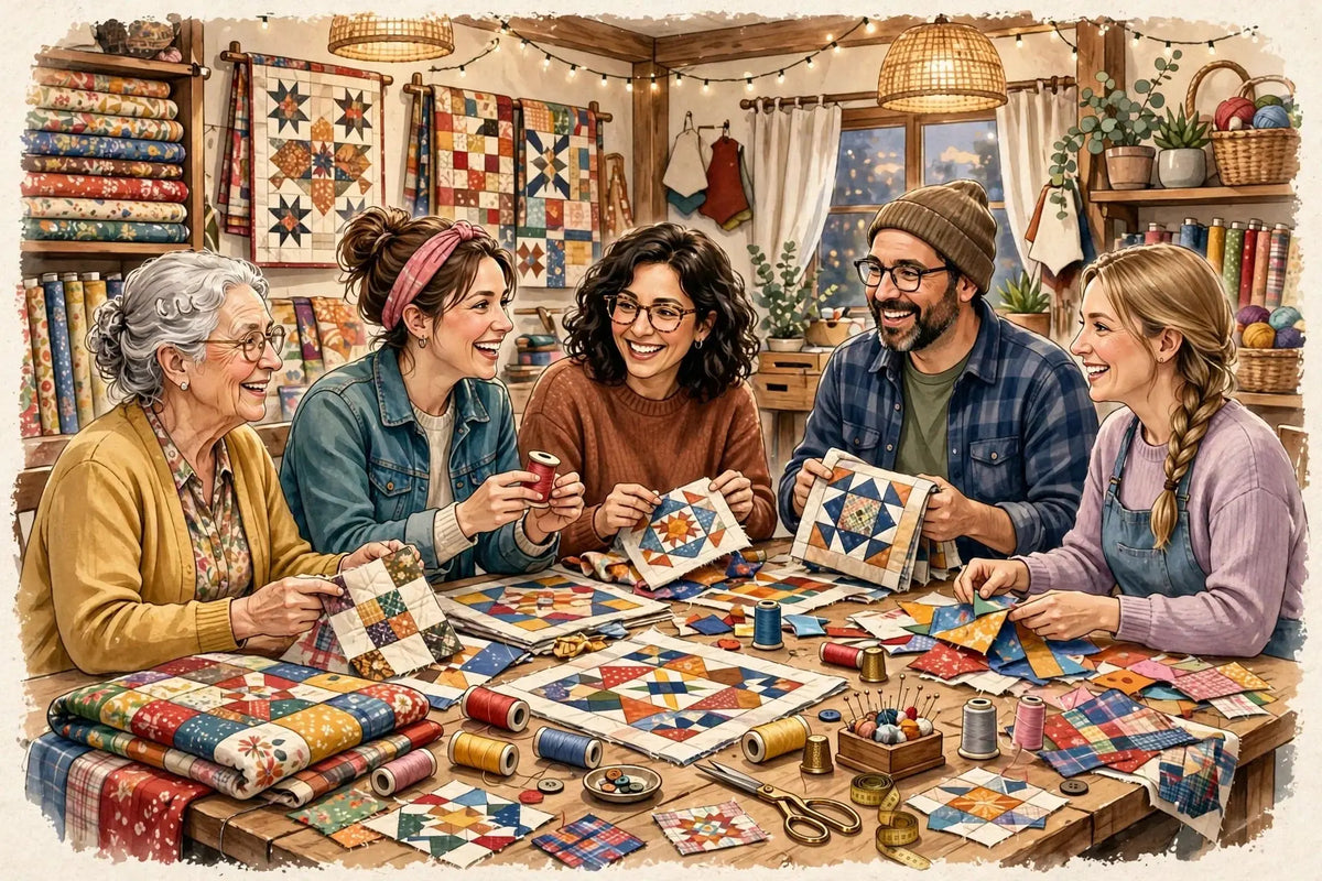 Illustration of quilters, sewists and embroiderers chatting around a table of quilt blocks, fabric and thread