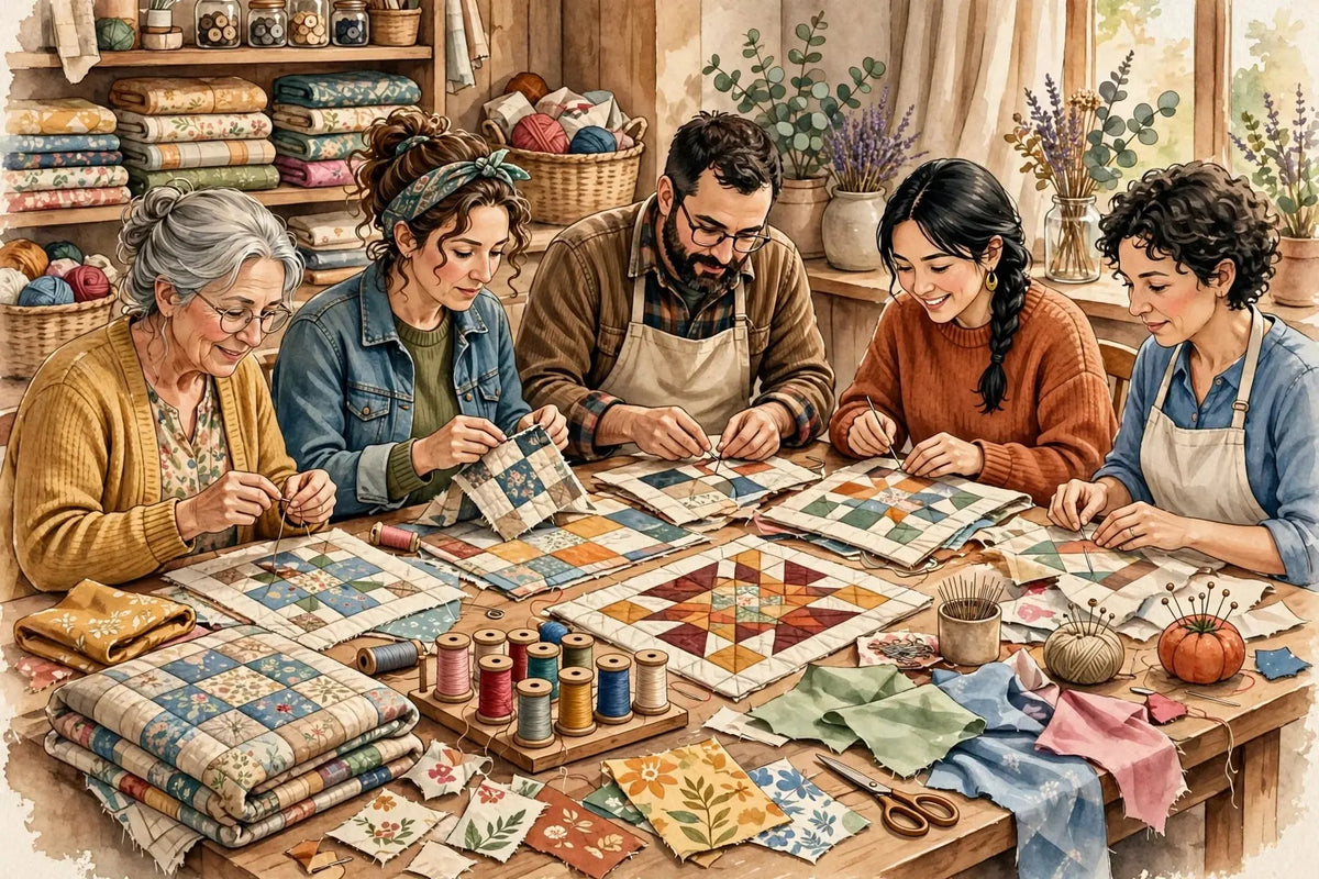 Illustration of quilters, sewists and embroiderers chatting around a table of quilt blocks, fabric and thread