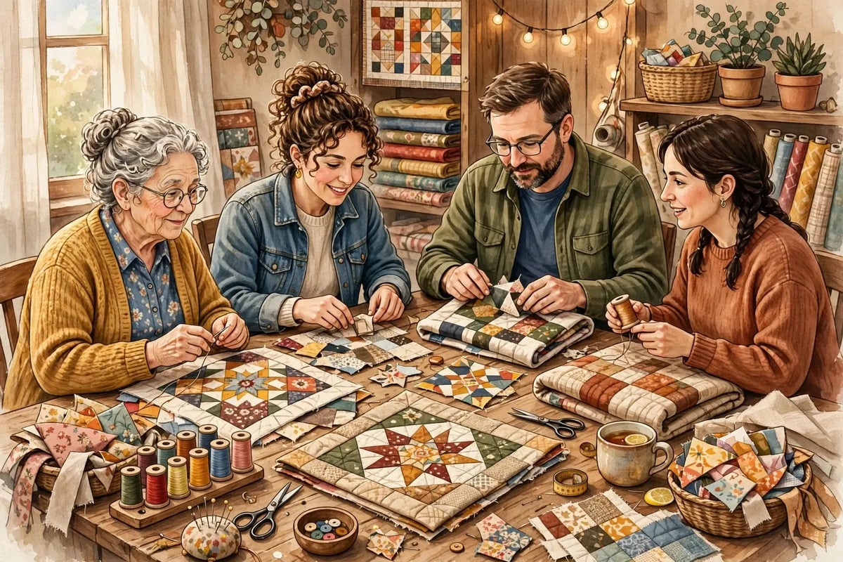 Illustration of quilters, sewists and embroiderers chatting around a table of quilt blocks, fabric and thread