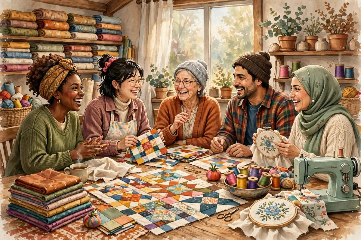 Illustration of quilters, sewists and embroiderers chatting around a table of quilt blocks, fabric and thread