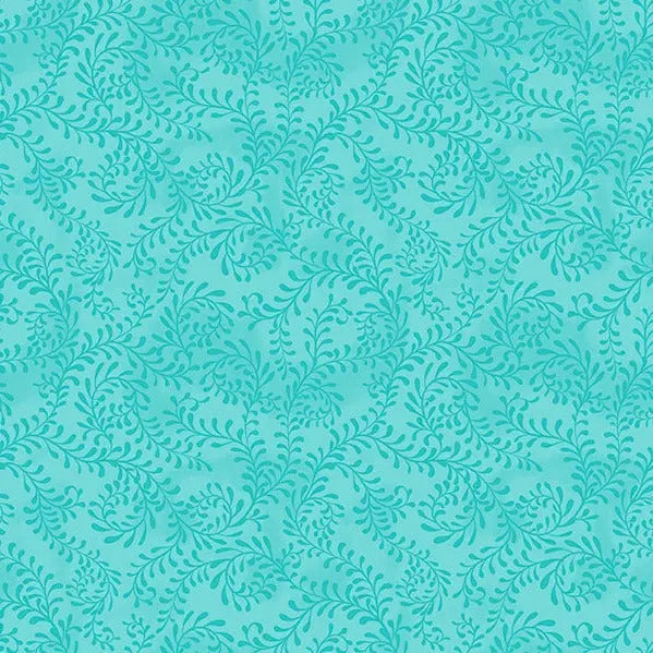 Blue Turquoise Swirling Leaves Cotton Wideback Fabric per yard