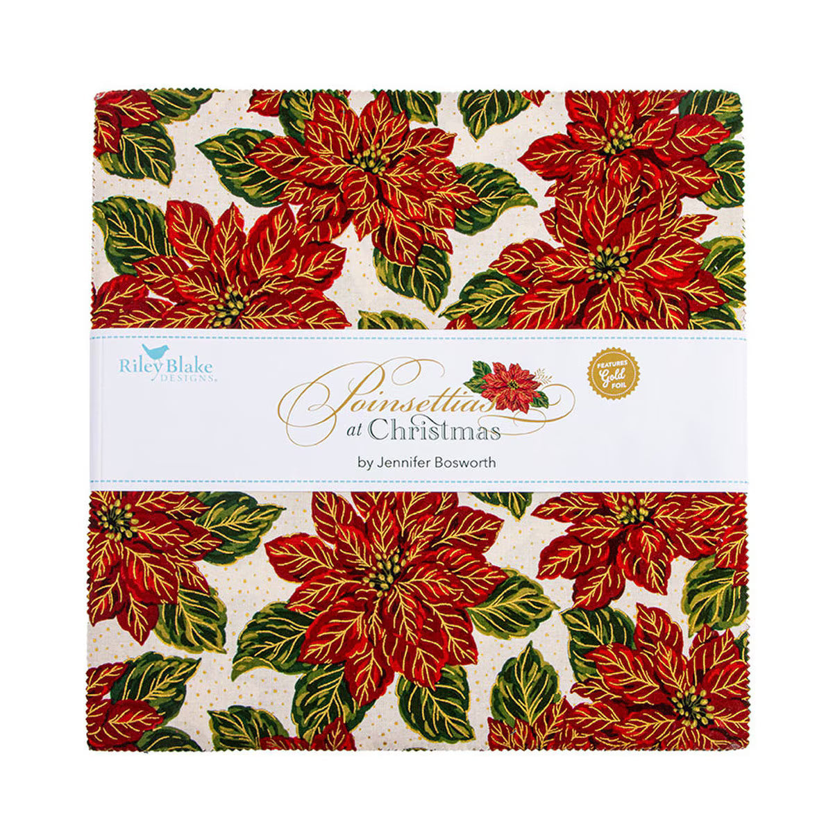 Poinsettias at Christmas 10 inch stacker precut fabric bundle by Riley Blake