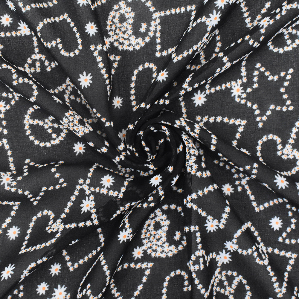 Night Black-White-Orange Multi Pattern Printed Poly Chiffon Woven Fabric