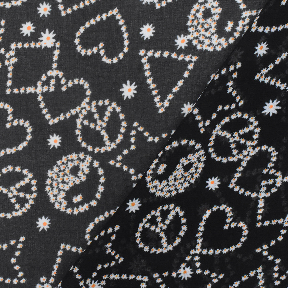Night Black-White-Orange Multi Pattern Printed Poly Chiffon Woven Fabric