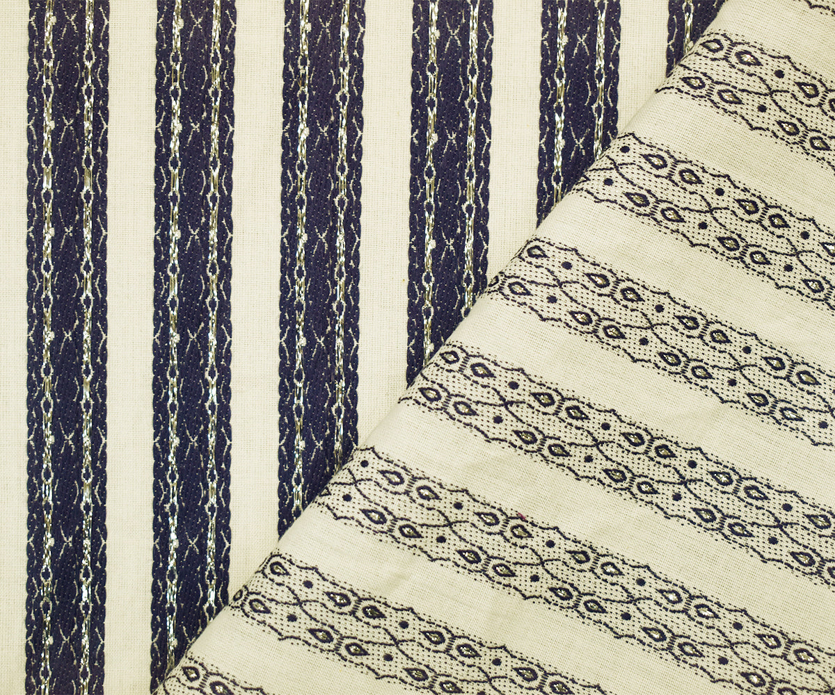 Off-White-Navy-Silver Cotton Blend Decorative Stripe Jacquard Woven Fabric
