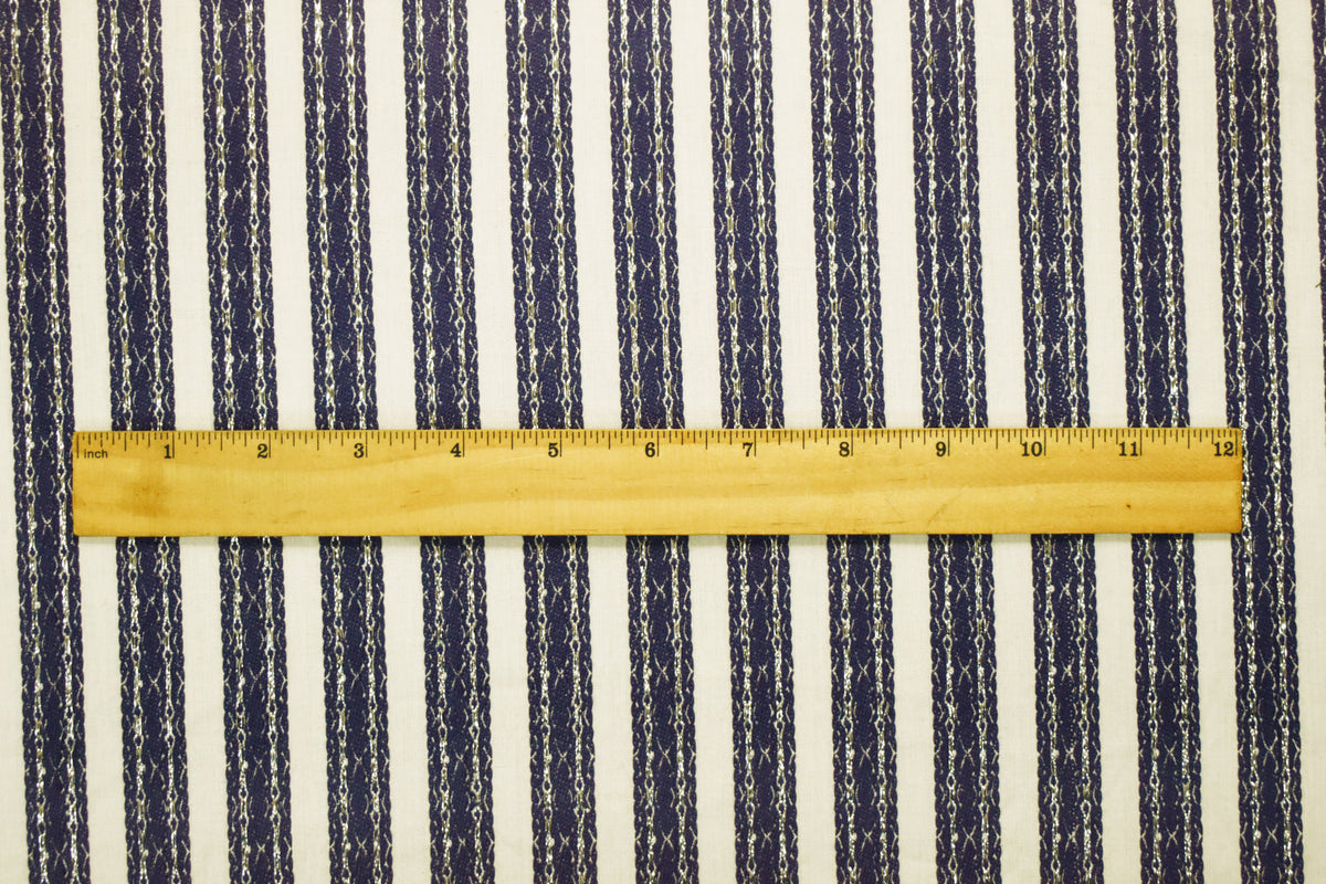 Off-White-Navy-Silver Cotton Blend Decorative Stripe Jacquard Woven Fabric