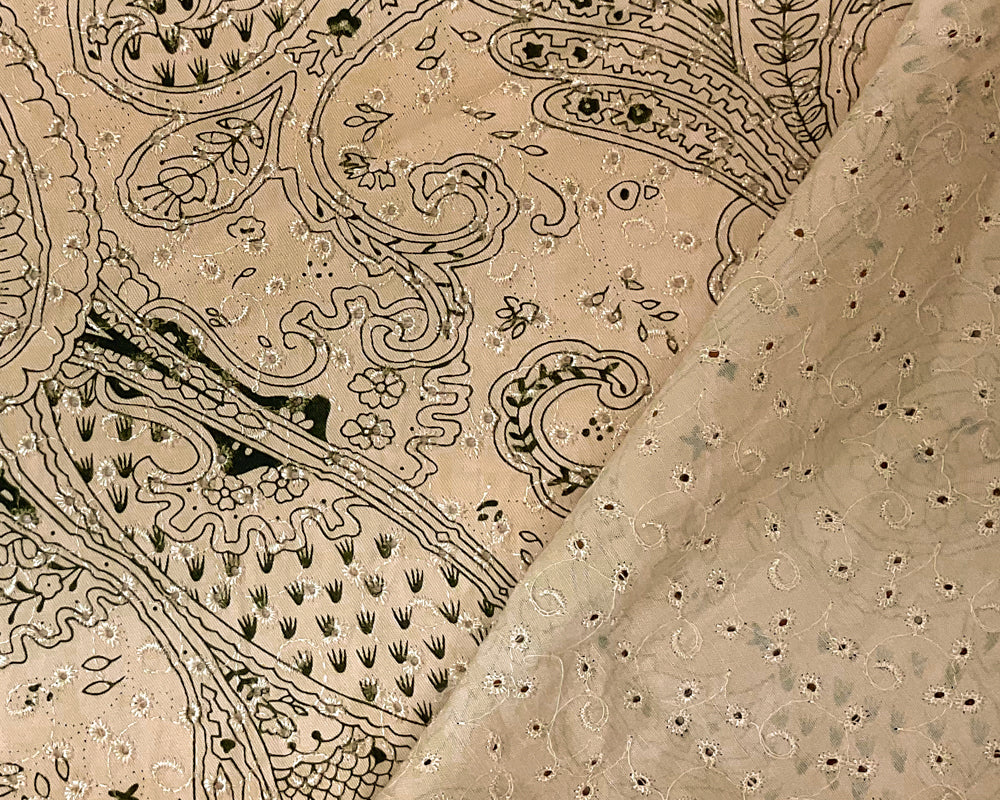 Beige-Green Cotton Paisley Embroidered Eyelet Twill Woven Fabric