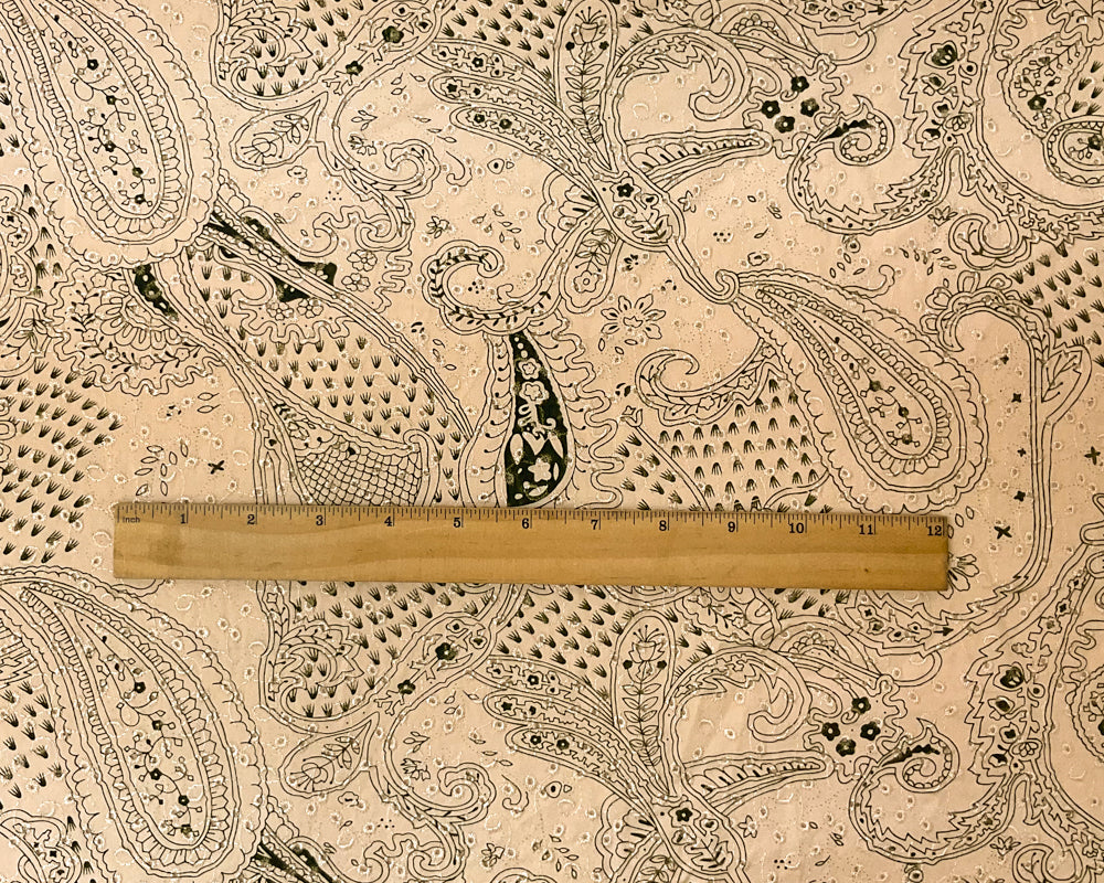 Beige-Green Cotton Paisley Embroidered Eyelet Twill Woven Fabric