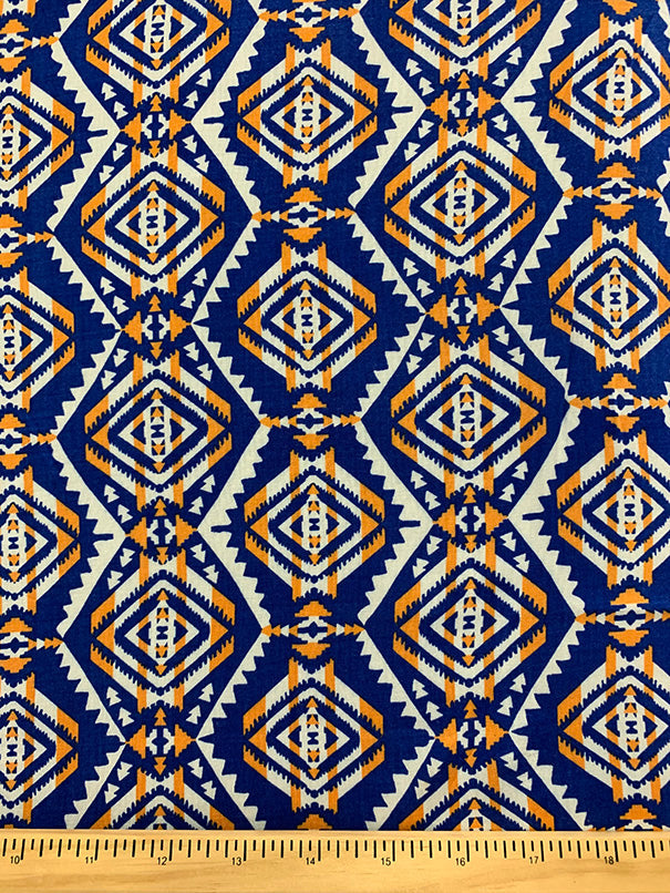 Blue Aztec Stripe Print Rayon Challis Fabric