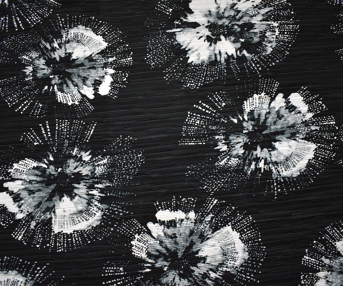 Black-Multi Poly Stretch Spandex Floral Print Pleated Interlock Knit Fabric