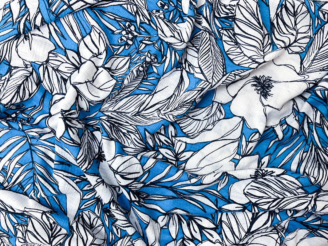 Blue-Navy-White Floral Printed Sugar Slub Jersey Knit Fabric