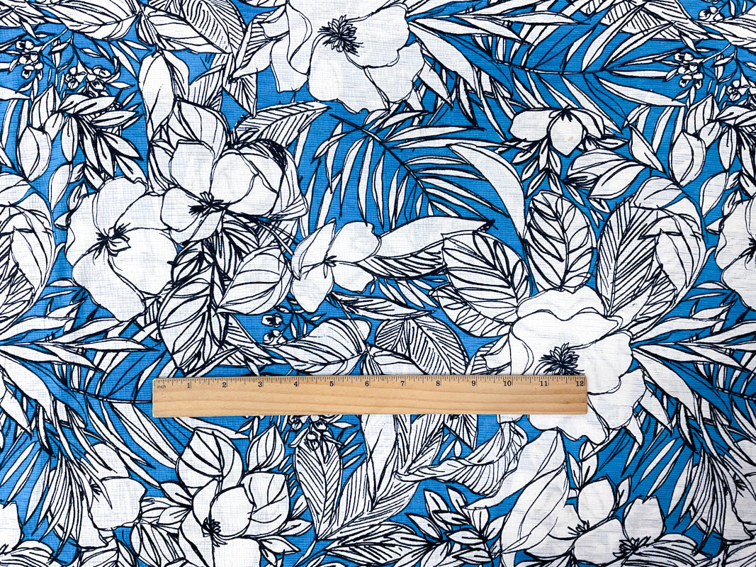 Blue-Navy-White Floral Printed Sugar Slub Jersey Knit Fabric