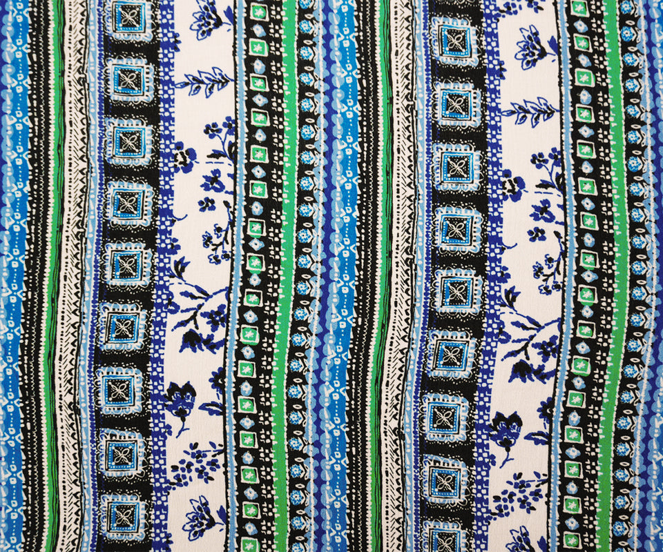 Blue-Multi Rayon-Cotton Tribal Stripe Printed Gauze Woven Fabric